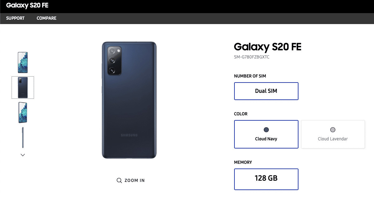 Samsung Galaxy S20 FE был опубликован на официальном сайте раньше времени