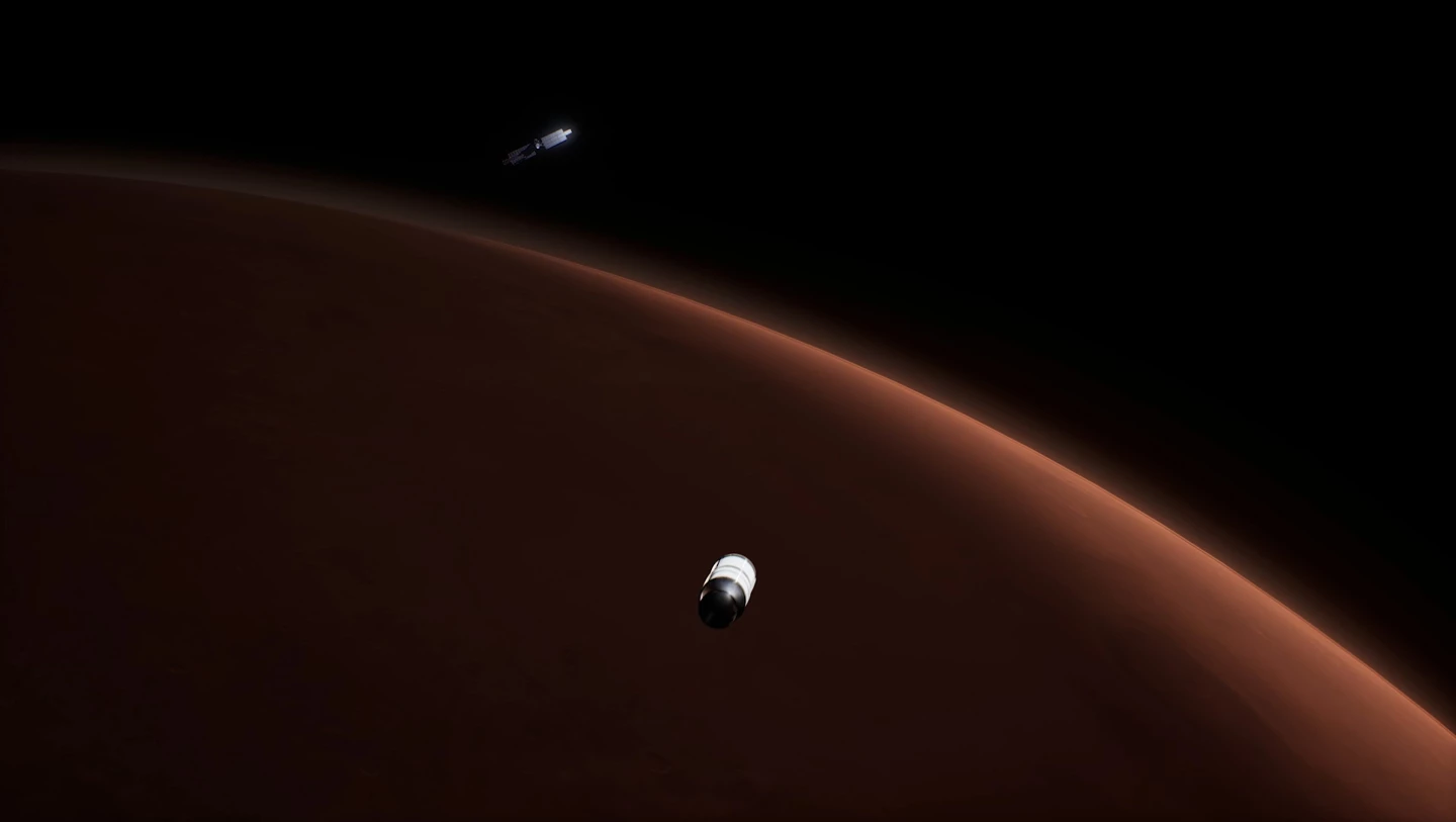 Lockheed Martin бросает спасательный круг марсианской миссии NASA 1 Визуализация встречи марсианского восходящего корабля с возвращаемым кораблем.
