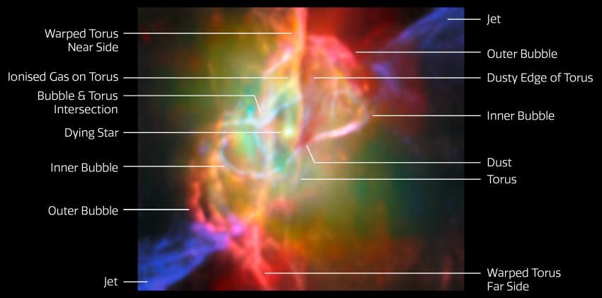 Телескоп JWST впервые увидел, как формируется космическая пыль для новых миров 1 Аннотированная версия снимка туманности Бабочка, полученного JWST.