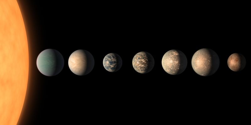 Телескоп JWST приблизился к обнаружению землеподобной атмосферы на экзопланете TRAPPIST-1e 1 Представление художника, демонстрирующее планетную систему TRAPPIST-1. Астрономы полагают, что три планеты этой системы вращаются вокруг звезды в обитаемой зоне.