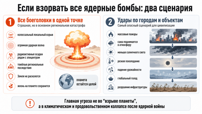 Инфографика сравнивает два сценария ядерной катастрофы: взрыв всех боеголовок в одной точке и удары по городам