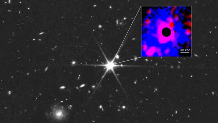 Телескоп Chandra обнаружил раскаленное до 20 миллионов градусов «дыхание» древнего квазара 1 Телескоп Chandra обнаружил раскаленное до 20 миллионов градусов «дыхание» древнего квазара