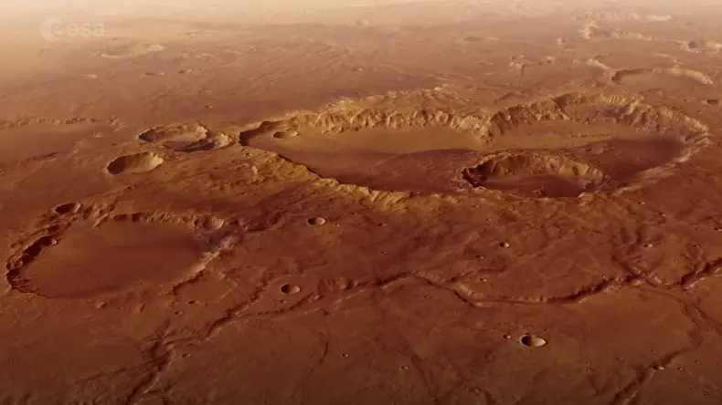 Mars Express показал огромный кратер на Марсе со следами древних водных потоков